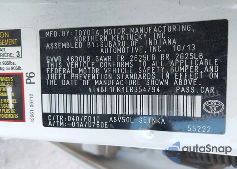 2014 Toyota Camry L/Se/Le/Xle z USA, uszkodzony, nr VIN 4T4BF1FK1ER354794